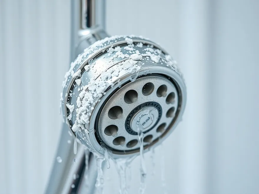 Limescale deposits building on a chrome shower fitting